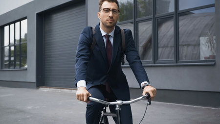 businessman in suit looking at camera while riding bicycle near buildingの写真素材