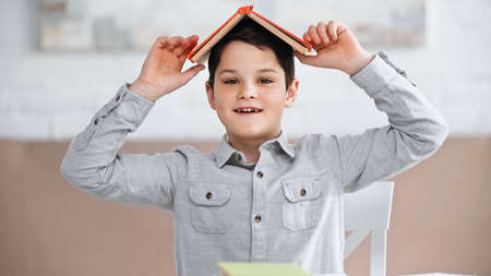Smiling preteen boy holding book above head at homeの写真素材