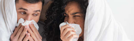 interracial sick couple under blanket holding napkins, bannerの写真素材