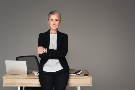 Businesswoman standing near gadgets and documents on table isolated on grayの写真素材