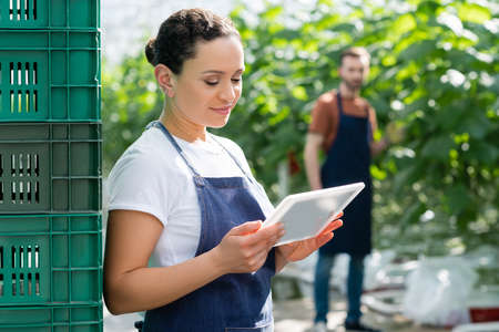 smiling african american farmer using digital tablet near colleague on blurred background