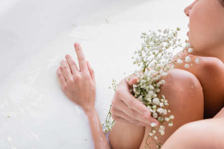 cropped view of woman bathing in milk while holding gypsophila flowers, blurred foregroundの写真素材