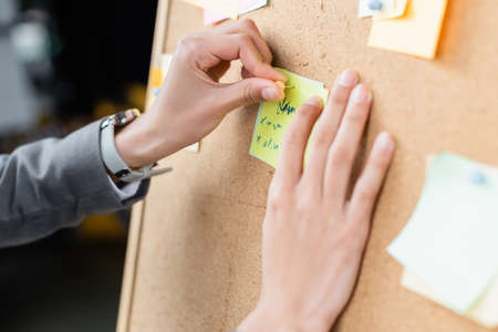 Cropped view of businesswoman attaching sticky note on boardの写真素材