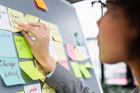 Sticky notes with lettering on board near blurred african american businesswoman