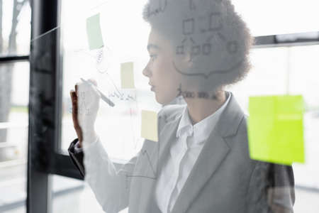 Side view of african american businesswoman writing on glass board with blurred sticky notesの写真素材