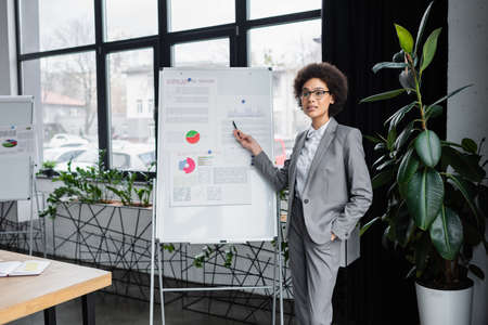 African american businesswoman pointing at flipchart near plant in officeの写真素材