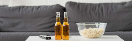 front view of two bottles of beer, popcorn and TV remote on blurred background with gray couch, bannerの写真素材