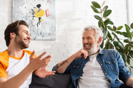 Smiling mature man looking at blurred son talking at home