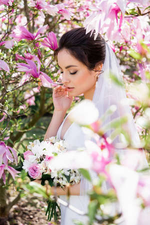 Young bride in veil standing near blooming magnolia treeの写真素材