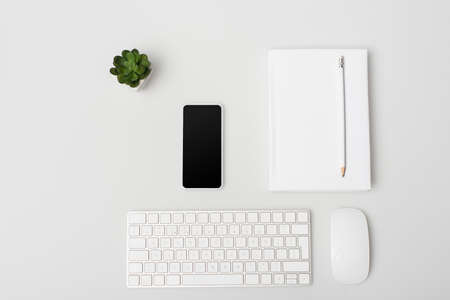 flat lay with smartphone near computer mouse, keyboard, notebook and plant isolated on whiteの写真素材