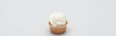 baked tasty cupcake with icing on top on white, bannerの写真素材