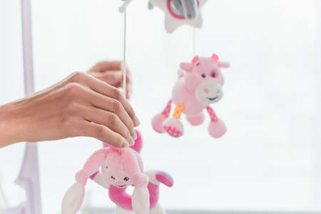 Cropped view of woman holding toys on hangerの写真素材