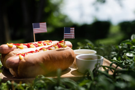 hot dogs with small american flags near ketchup and mustard on green lawnの写真素材