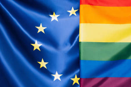 close up of european union near lgbt flag, equality rights conceptの写真素材