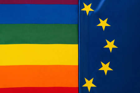 top view of european union and lgbt flags, equality rights conceptの写真素材