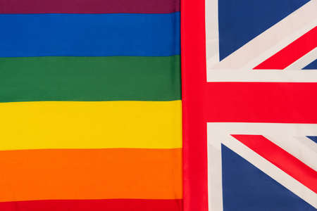 top view of british and lgbt flagsの写真素材