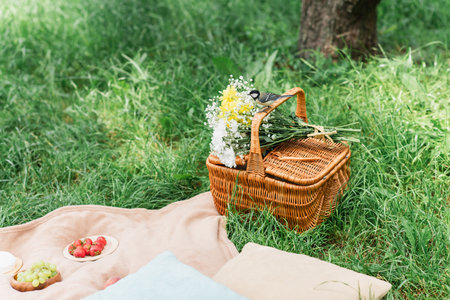 Tit bird on basket with flowers near fruits on blanket in parkの写真素材