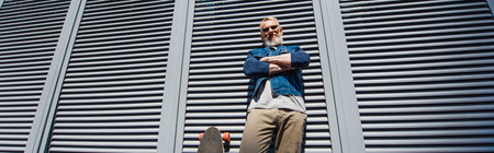 low angle view of positive and middle aged man standing with crossed arms near longboard on street, bannerの写真素材