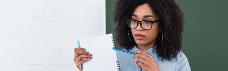 African american teacher pointing at notebook in classroom, bannerの写真素材