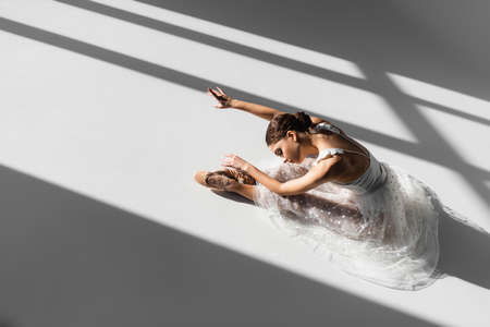 High angle view of pretty classical dancer bending on floor on gray background with sunlightの写真素材