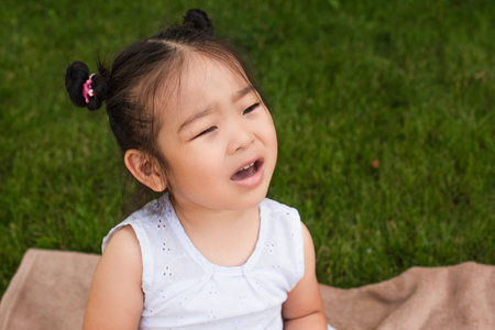high angle view of brunette asian kid with open mouth sitting on picnic blanketの写真素材