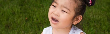 high angle view of brunette asian kid with open mouth in park, banner