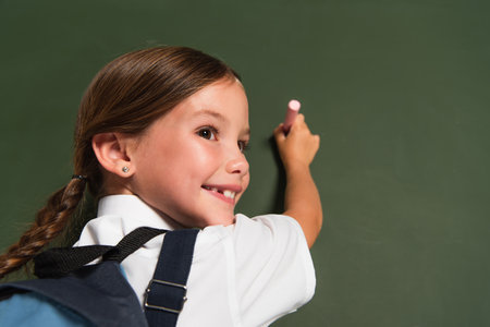 cheerful schoolkid looking away while writing on chalkboardの写真素材