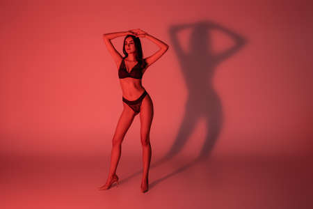 full length of sexy woman in lace underwear and heels posing on redの写真素材