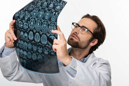 physician in eyeglasses holding mri scan isolated on white