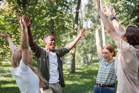 Excited multiethnic teenagers raising hands in parkの写真素材