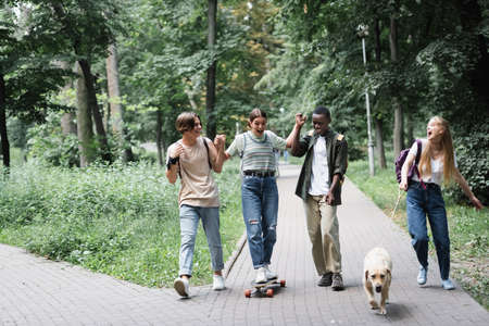 Excited interracial teenagers riding skateboard near friend with retriever in parkの写真素材