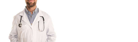 Cropped view of doctor in white coat isolated on white, bannerの写真素材