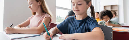 multiethnic pupils writing in notebooks during lesson, bannerの写真素材