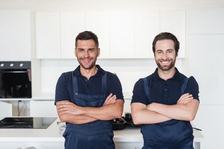 happy handymen in uniform standing with crossed arms in kitchenの写真素材