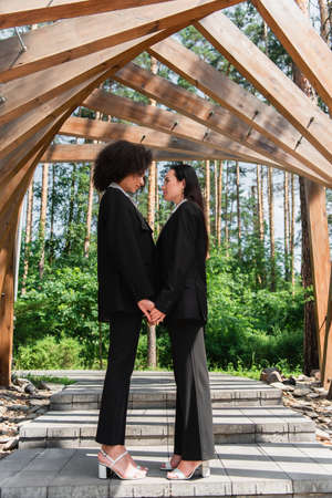 Side view of multiethnic lesbian couple in suits holding hands under arch