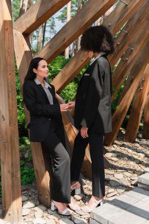 Lesbian woman in suit holding hand of african american girlfriend near arch in parkの写真素材
