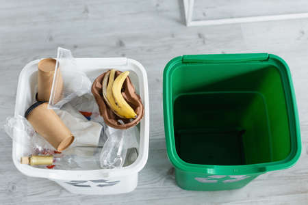 Top view of trash in can at homeの写真素材