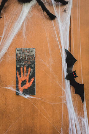 door decorated with spider net, toy spiders, paper cut bat and sign plate with they killed me letteringの写真素材