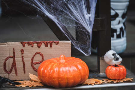 pumpkins, skull and autumn leaves near card with die lettering on decorated porchの写真素材