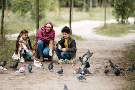 Muslim family feeding doves in parkの写真素材