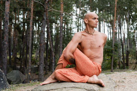 shirtless buddhist meditating in lord of fishes pose in forestの写真素材