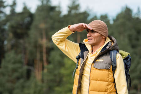 hiker in warm vest and beanie holding hand near forehead while looking away in forestの写真素材