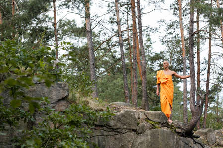 full length view of buddhist in orange robe walking on rocky cliff in forestの写真素材