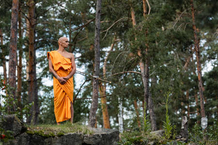 full length view of buddhist in traditional orange robe standing on rocks in forestの写真素材