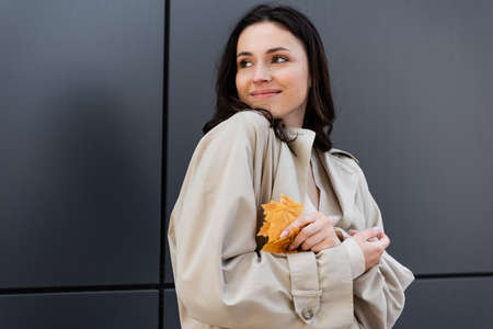 stylish woman with yellow leaves smiling while looking away near gray wallの写真素材