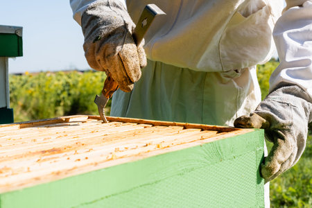 cropped view of beekeeper inspecting beehive with frame gripper