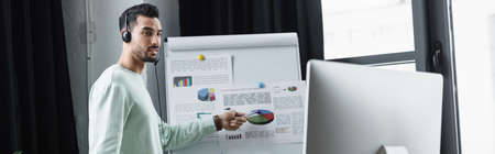 Young muslim businessman in headset pointing at flip chart during video call on computer, banner