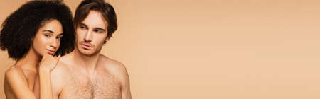 young and sensual latin woman hugging shoulder of sexy man while looking at camera isolated on beige, bannerの写真素材