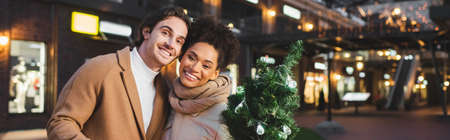 happy multiethnic couple holding small christmas pine in evening, bannerの写真素材