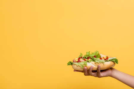 cropped view of african american woman with delicious hot dog isolated on yellow